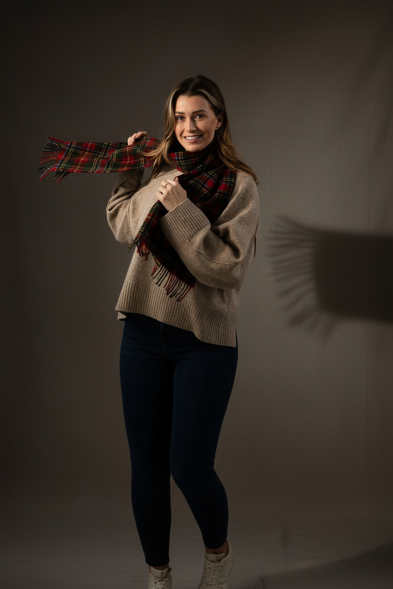 Red Check Tartan Lambswool Scarf-2
