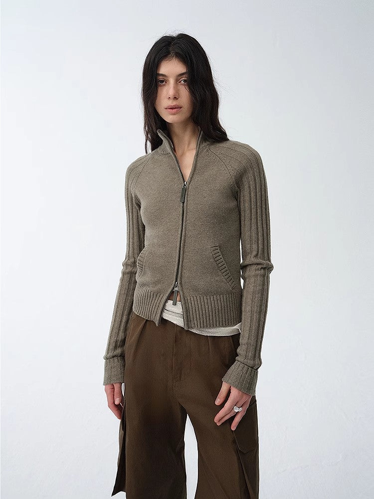 "Senna Melody" oblique placket fine merino wool and cotton blend zipper knitted cardigan top for women-3