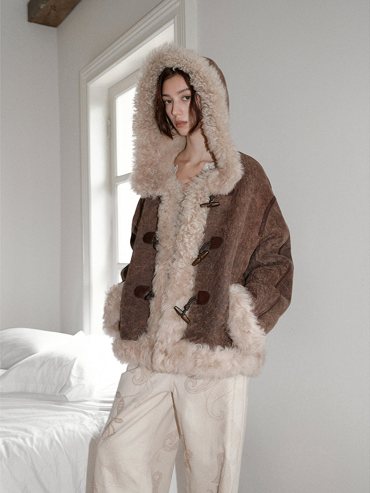 "Modern Weekend" Drop Shoulder Hooded Merino Wool Sheepskin Fur Coat Winter-3