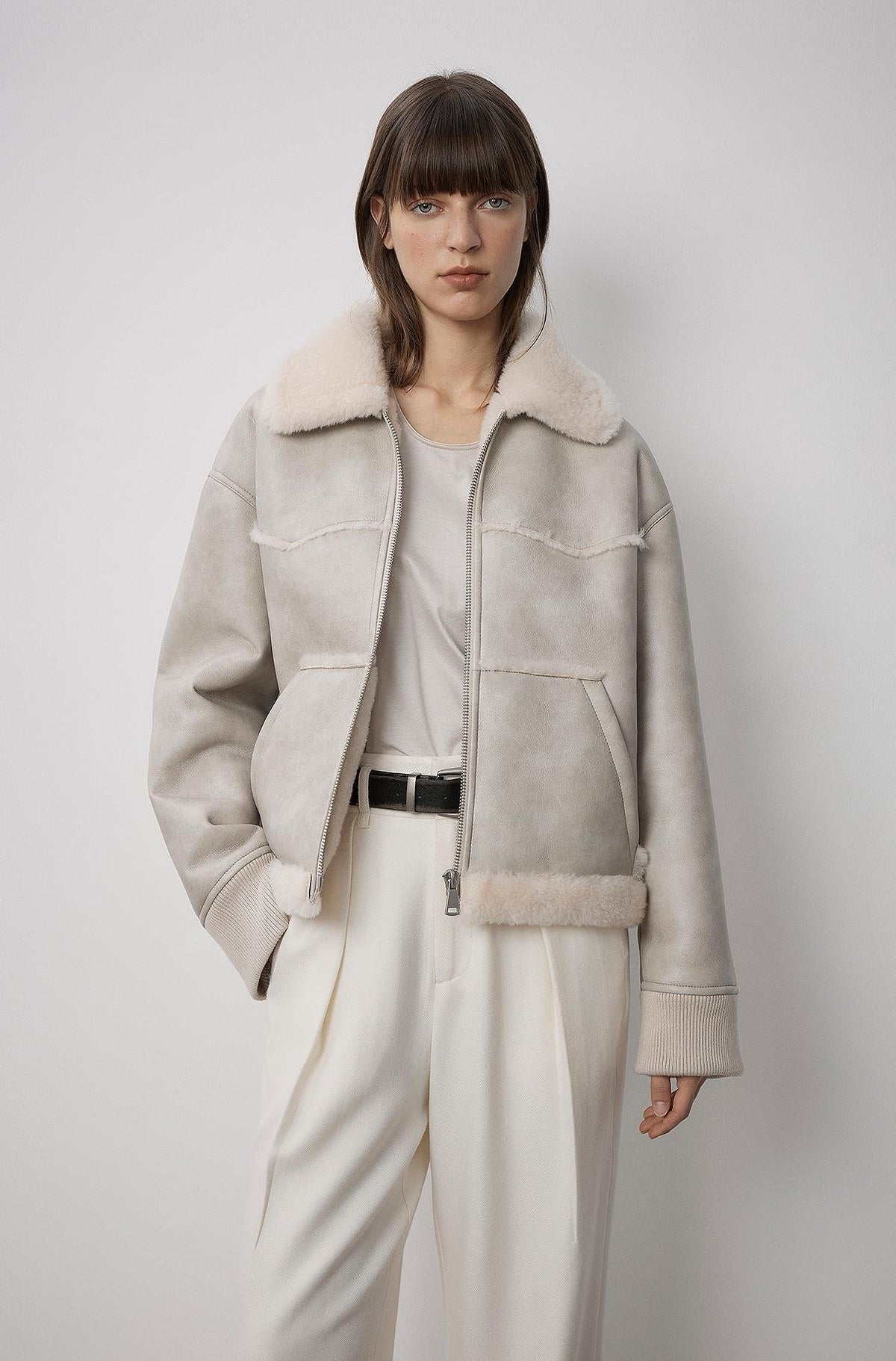 "Makino's Fun" Lapel Wool Artificial Compound Leather Short Style Shearling Jacket-0