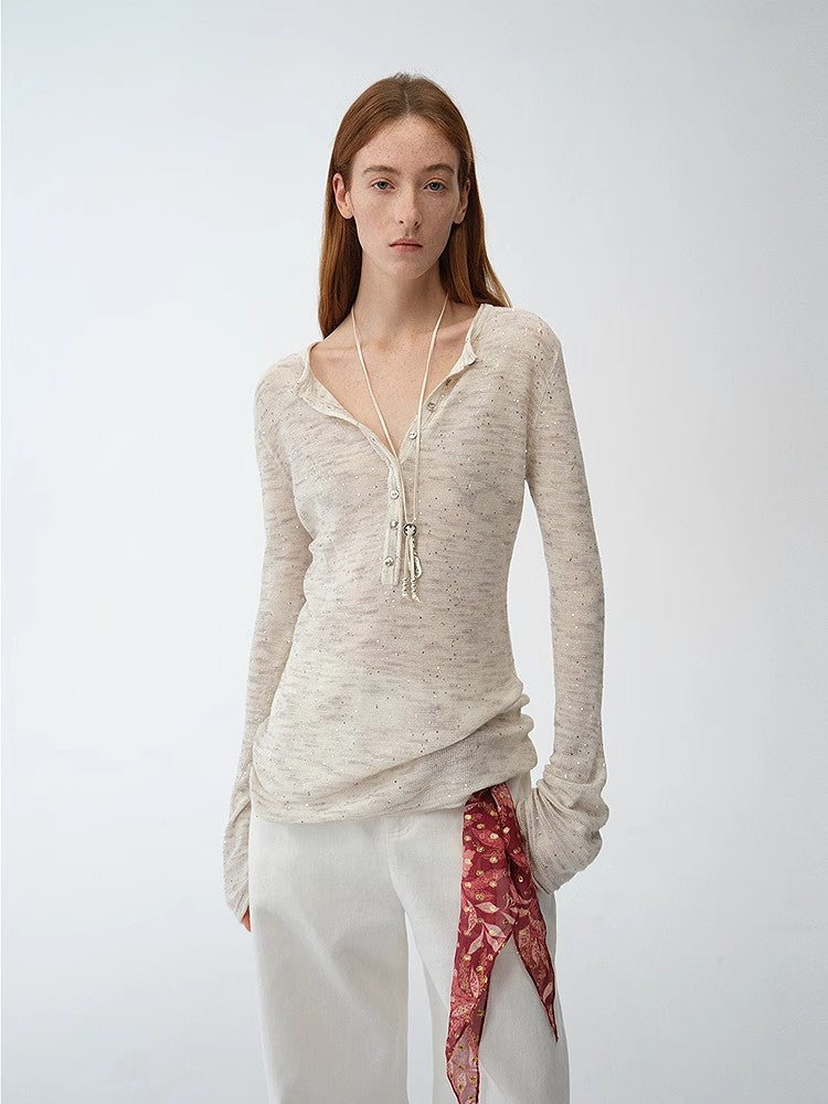 "Perry Moonlight" fashionable cotton and linen beaded fancy yarn waisted bell sleeves round neck cardigan knitted top-0