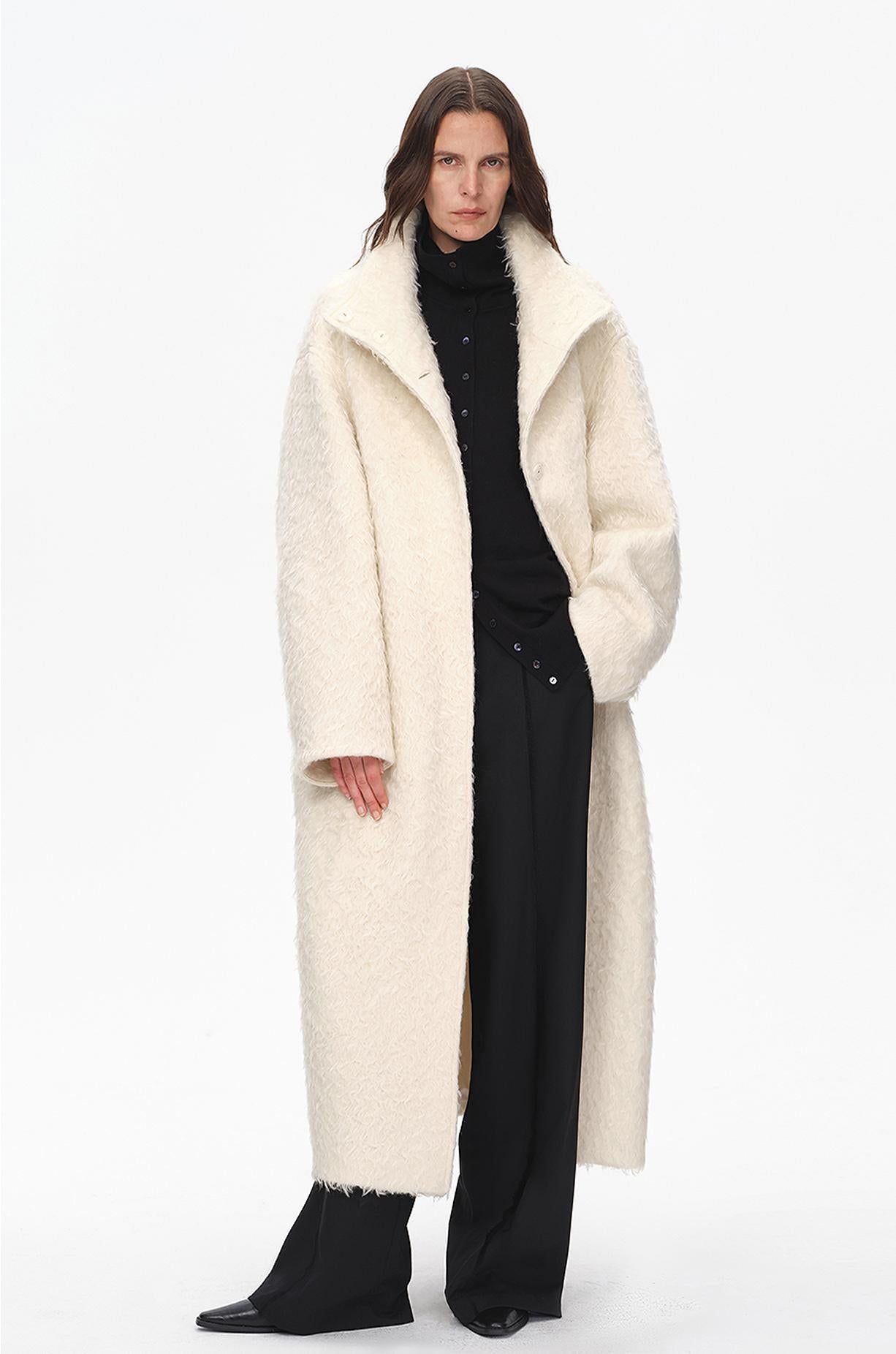 "Song of Snowland"Women's mohair wool stand collar coat autumn and winter loose woolen coat-1