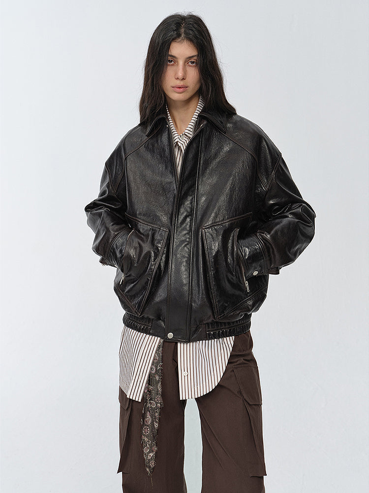 "New York International Student" Retro and fashionable imported waxed  leather bomber jacket-1