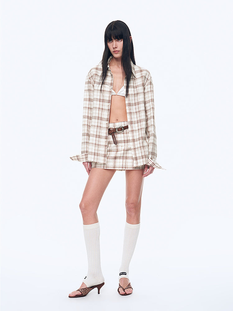 "Plaid Sketch" Vintage Linen Shirt Skirt Two-Piece Spring-4