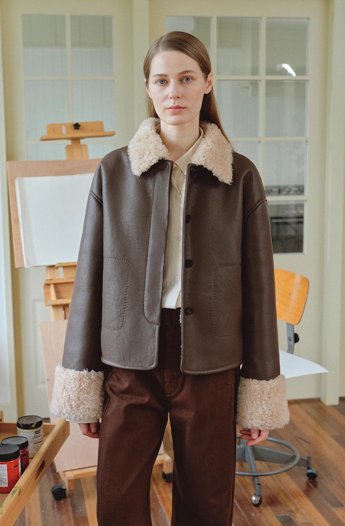 Slightly Sweet Latte Second Generation Furry Lapel Casual Straight Shorn Shearling Jacket-0