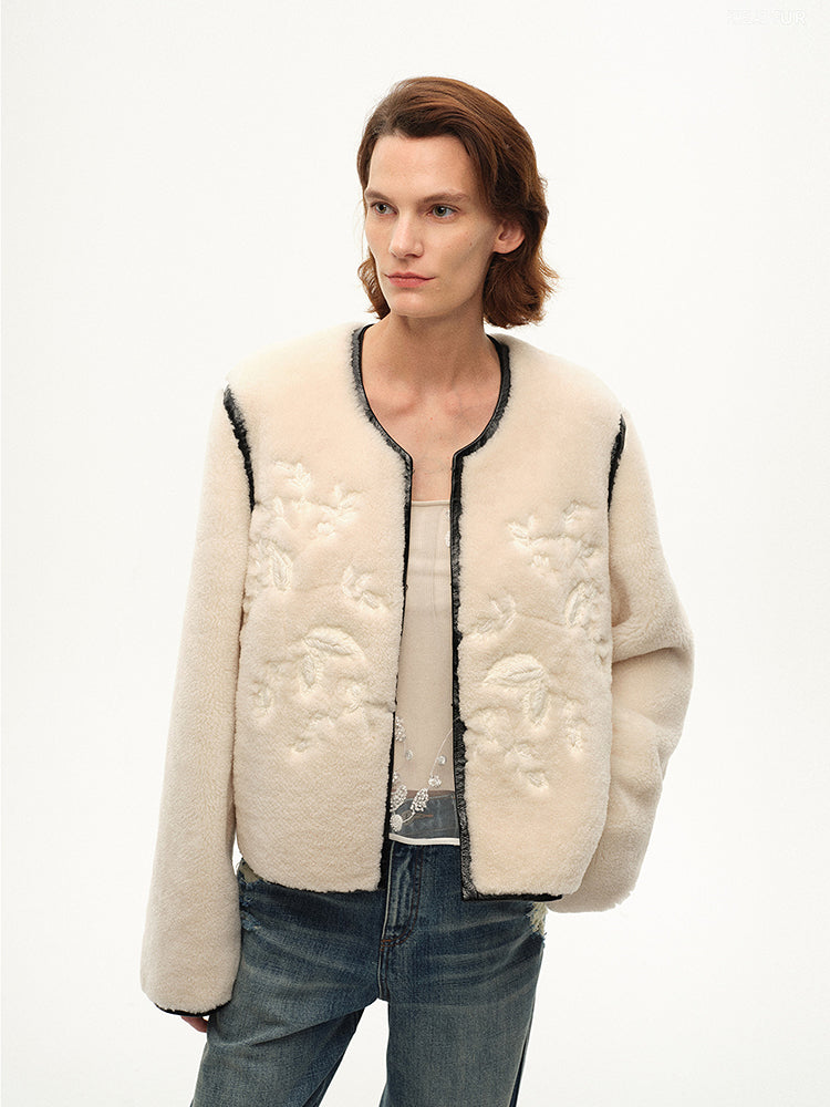 "FF×JW Muse Project" embroidered round neck short merino wool sheepskin fur coat-1
