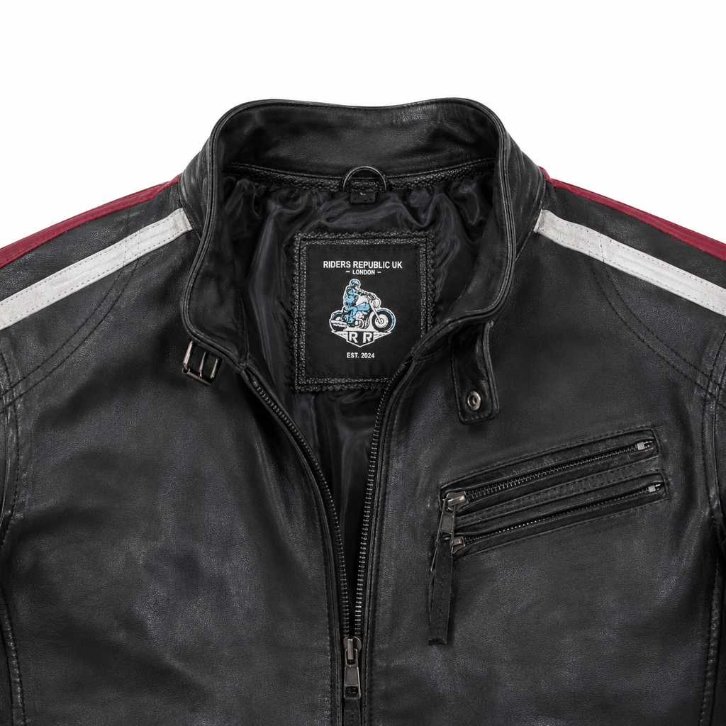 Men’s Black Leather Motorcycle Jacket with Red & White Stripes-3