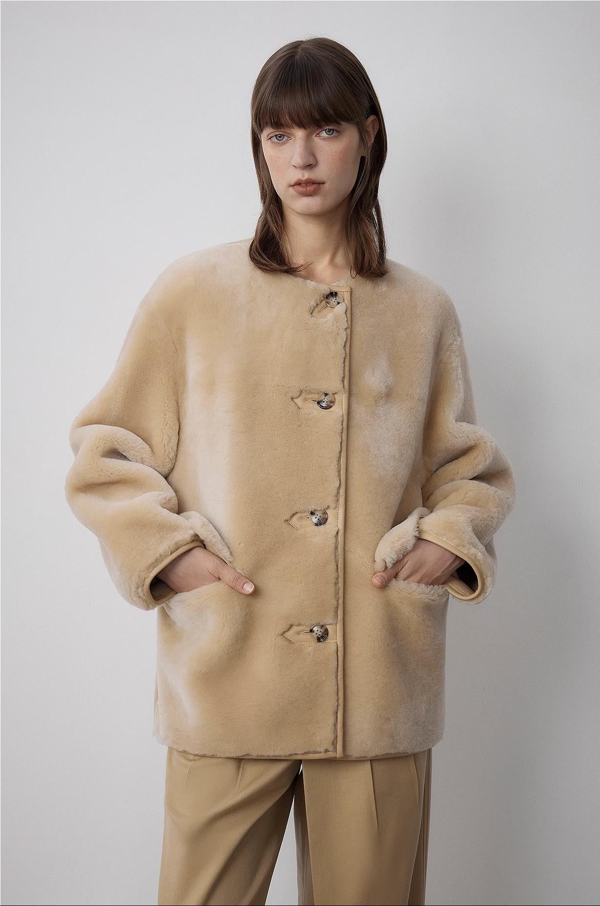 "Retro Time" Merino women's winter short round neck sheepskin jacket-0