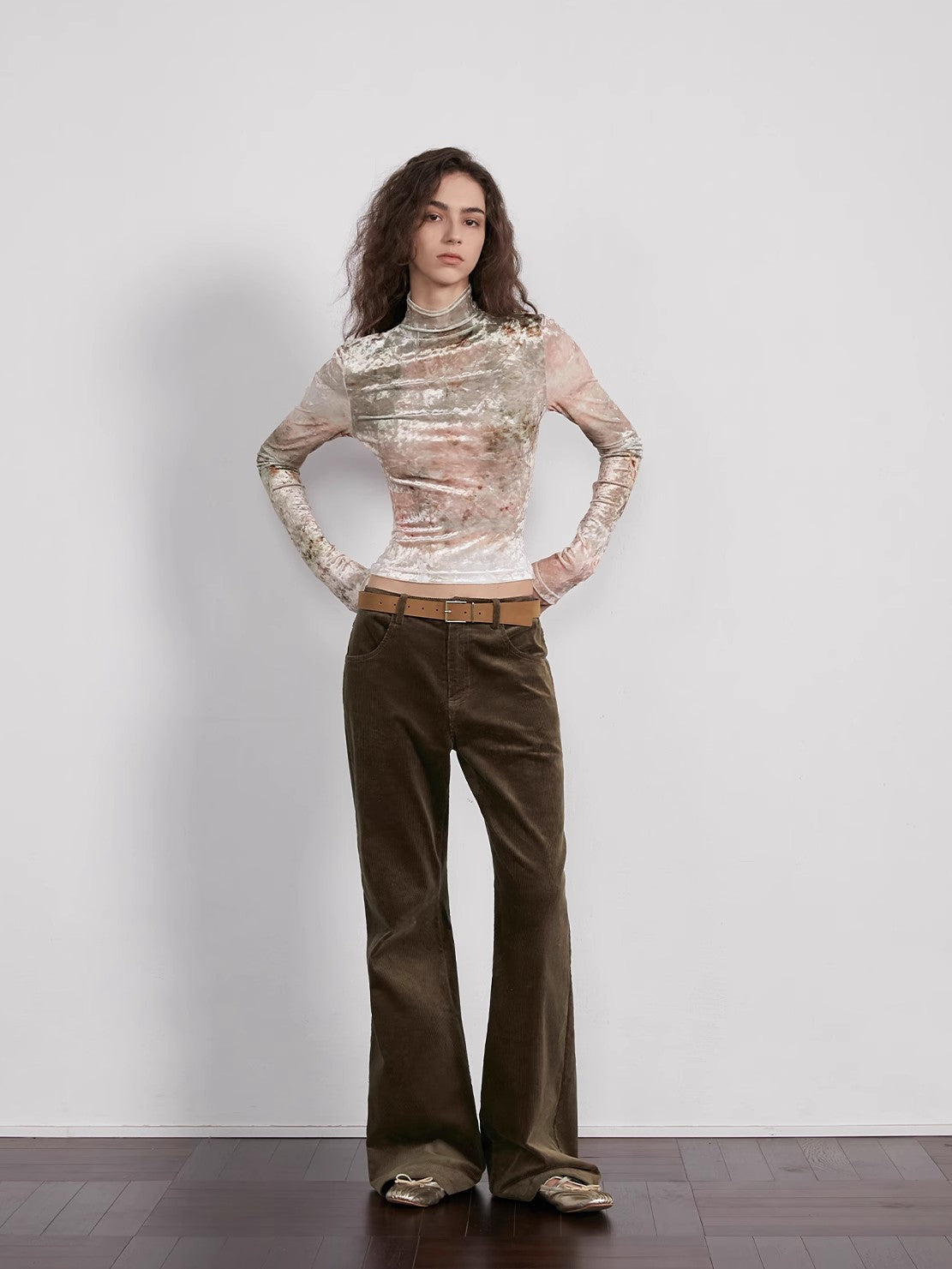 "Warm Sugar Latte" Smudge Print Velvet Long Sleeve Bottoming Shirt Women's Half Turtleneck T-shirt-0