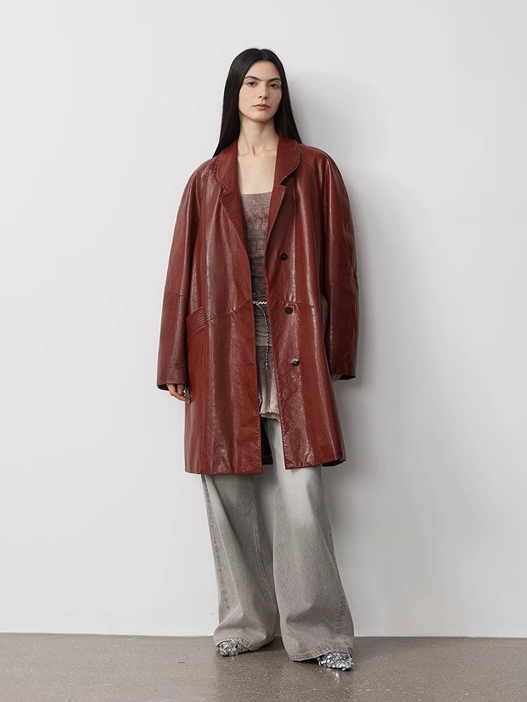 Sonorous Rose vintage imported oil waxed goatskin long trench coat-0