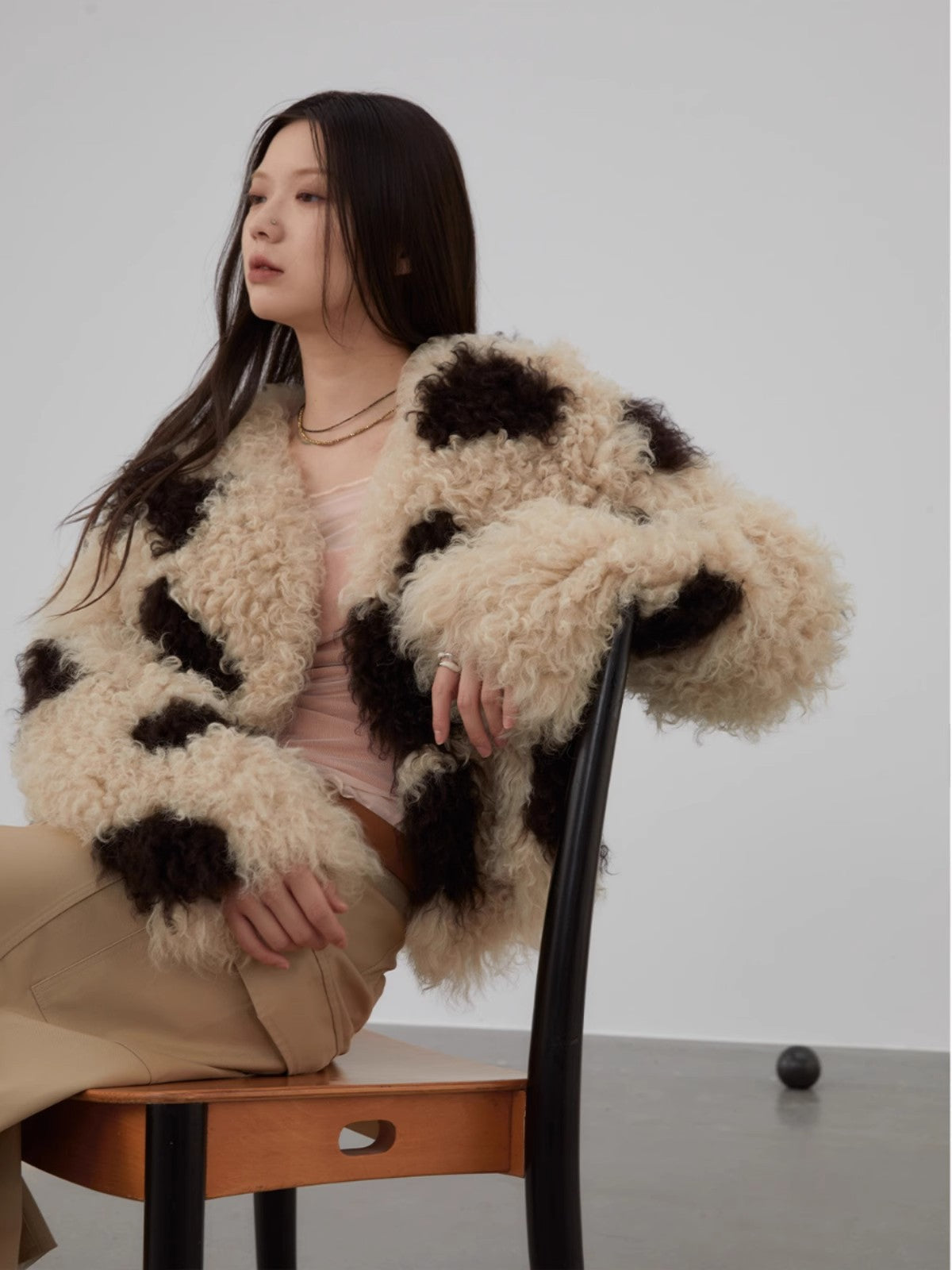 Fragrant Cream Cow Pattern Sheep Curly Double Knit Fur Short Coat-0