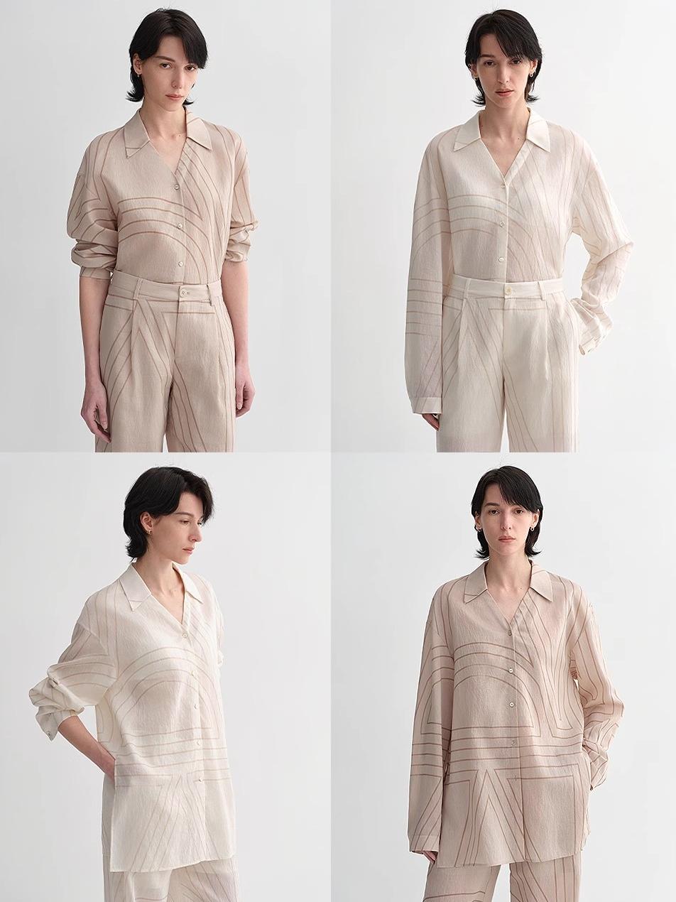Linen original art stripe print classic lapel small V-neck design breathable blouse shirt suit for women-1