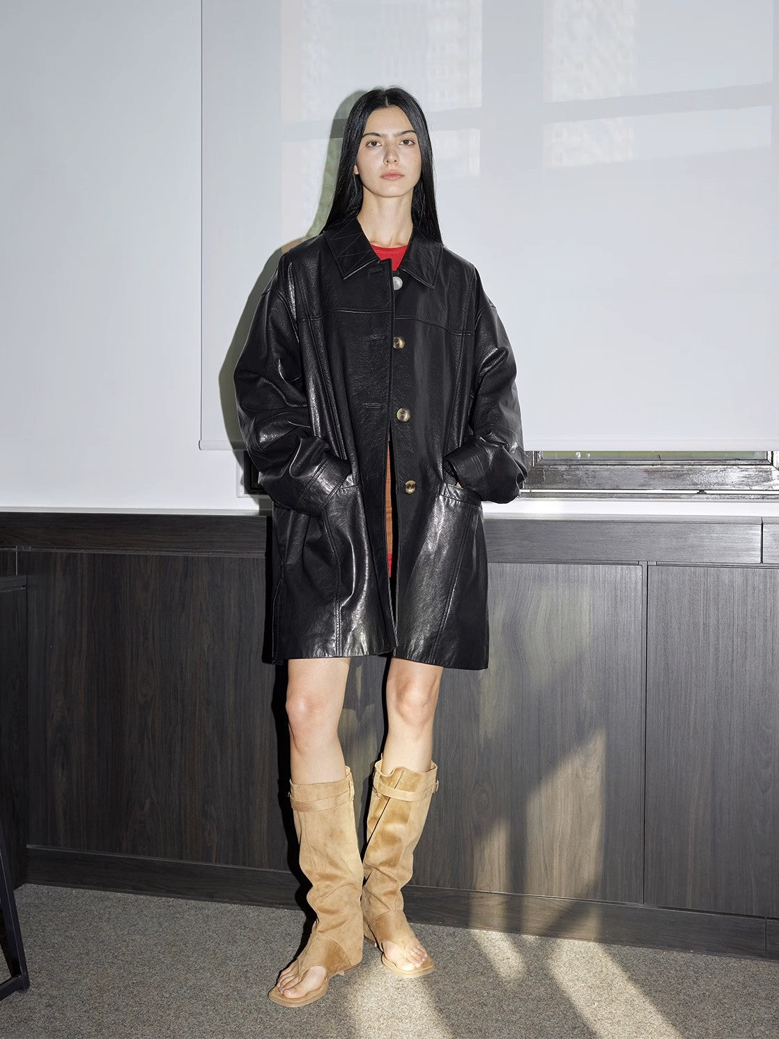 Notting Hill Diary Limited Edition Waxed Goat Leather/Retro Casual Lapel Mid-Length Leather Jacket-2