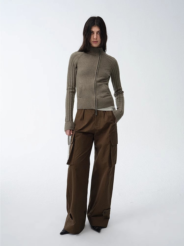 "Senna Melody" oblique placket fine merino wool and cotton blend zipper knitted cardigan top for women-4