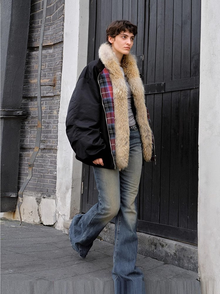 Urban Warmth Walk Casual Street Lightweight Detachable Wolf Fur Collar Parka Down Jacket-2
