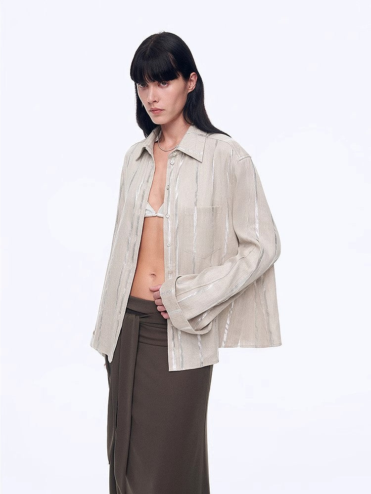 "Anonymous Letter" Silver Stripe Trumpet Sleeve Linen Cropped Shirt-4