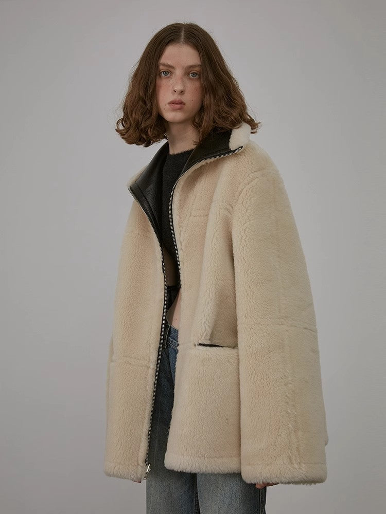 “August Night”Wool Artificial Compound Leather Reversible Shearling Jacket-3