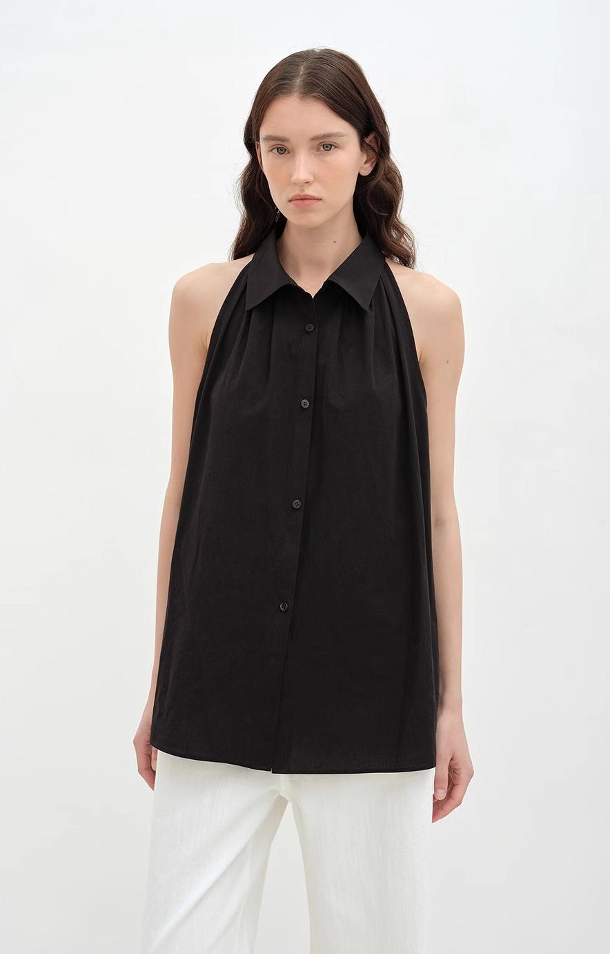 "Poland Island" imported pure cotton stand-up collar sleeveless striped shirt temperament top for women-0