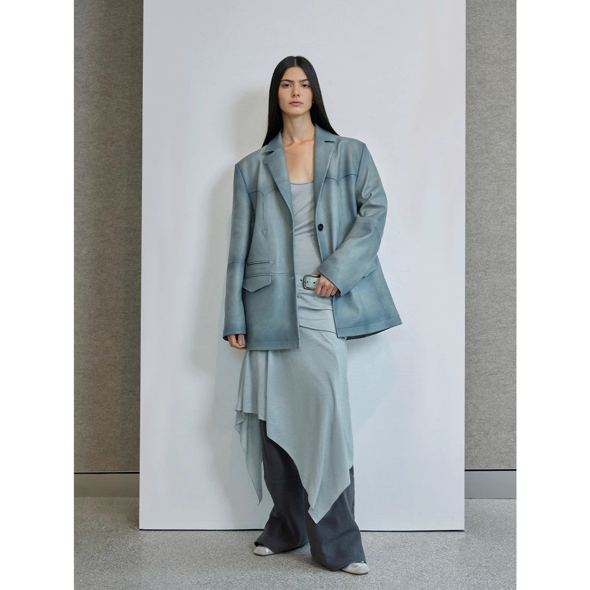 “Nostalgic Denim”Custom-Dyed Washed Spray-Color Goat Leather Genuine Leather Blazer for Women, Vintage-Finish Leather Jacket-4