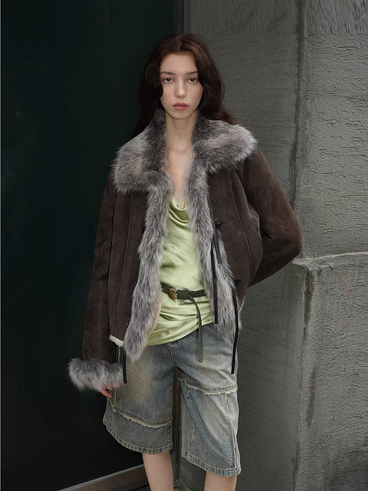Florence Retro Layered Spliced Fox Fur Collar Short Jacket Winter-0