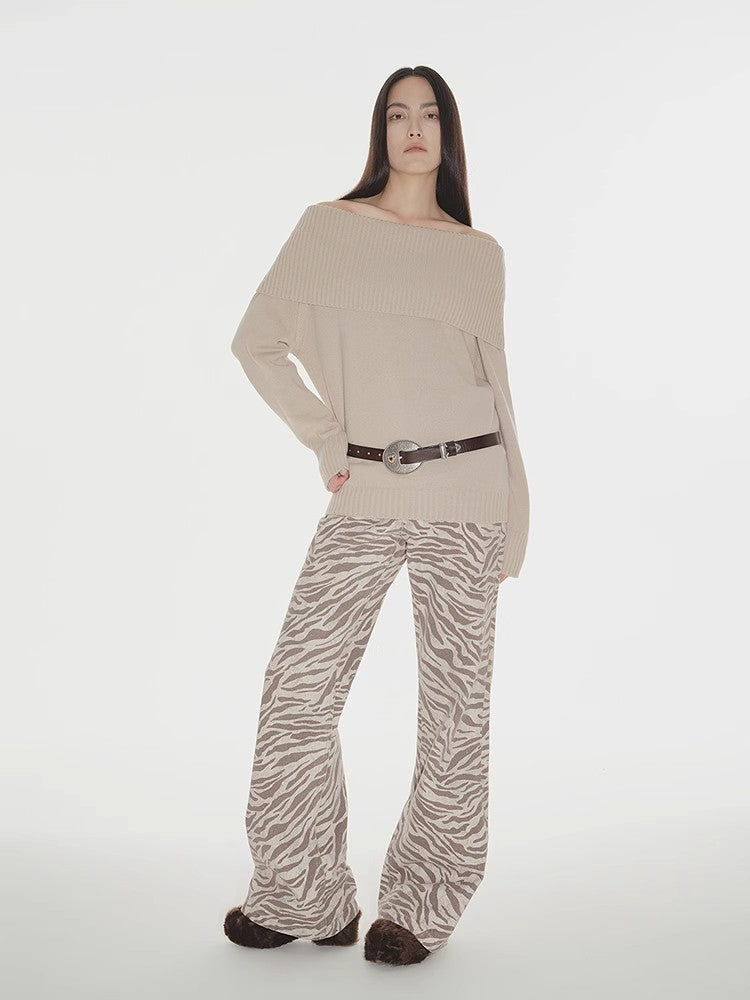 "Warm Women's Formula" French simple and versatile merino wool blended one-neck off-the-shoulder sweater-1