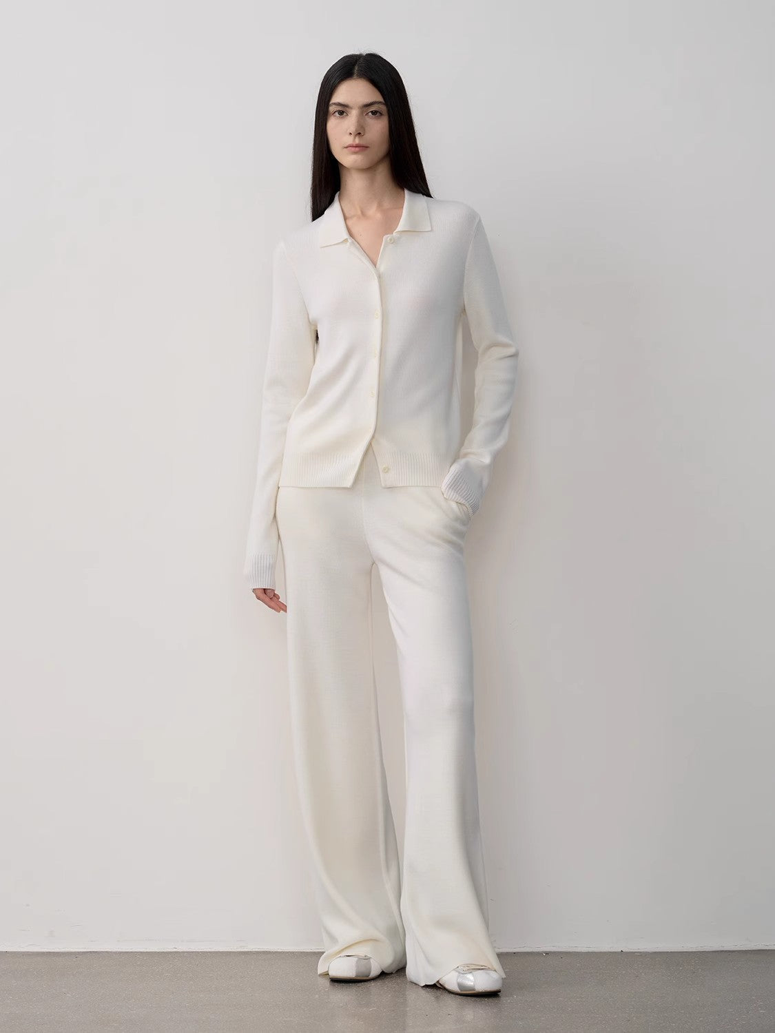 "Lazy urban" Yangtze Merino wool polo-neck cardigan straight-leg knitted pants suit-2