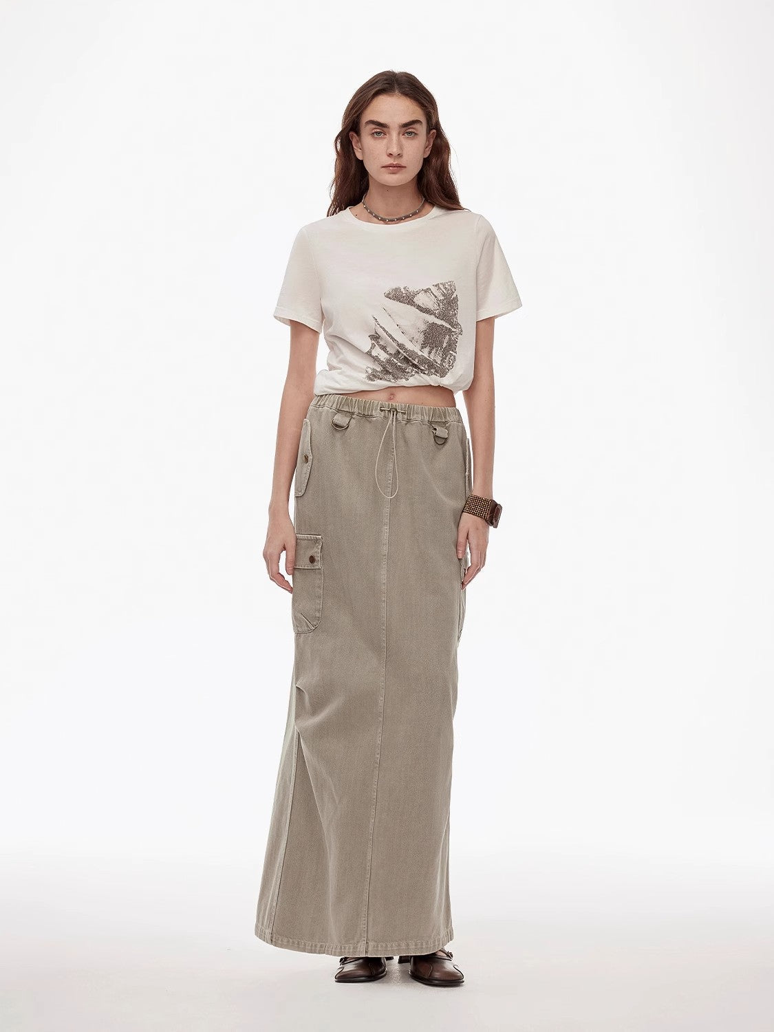 "Dune Fantasy" Wasteland Style Washed Drawstring Elastic Low Rise Straight Workwear Denim Skirt-4