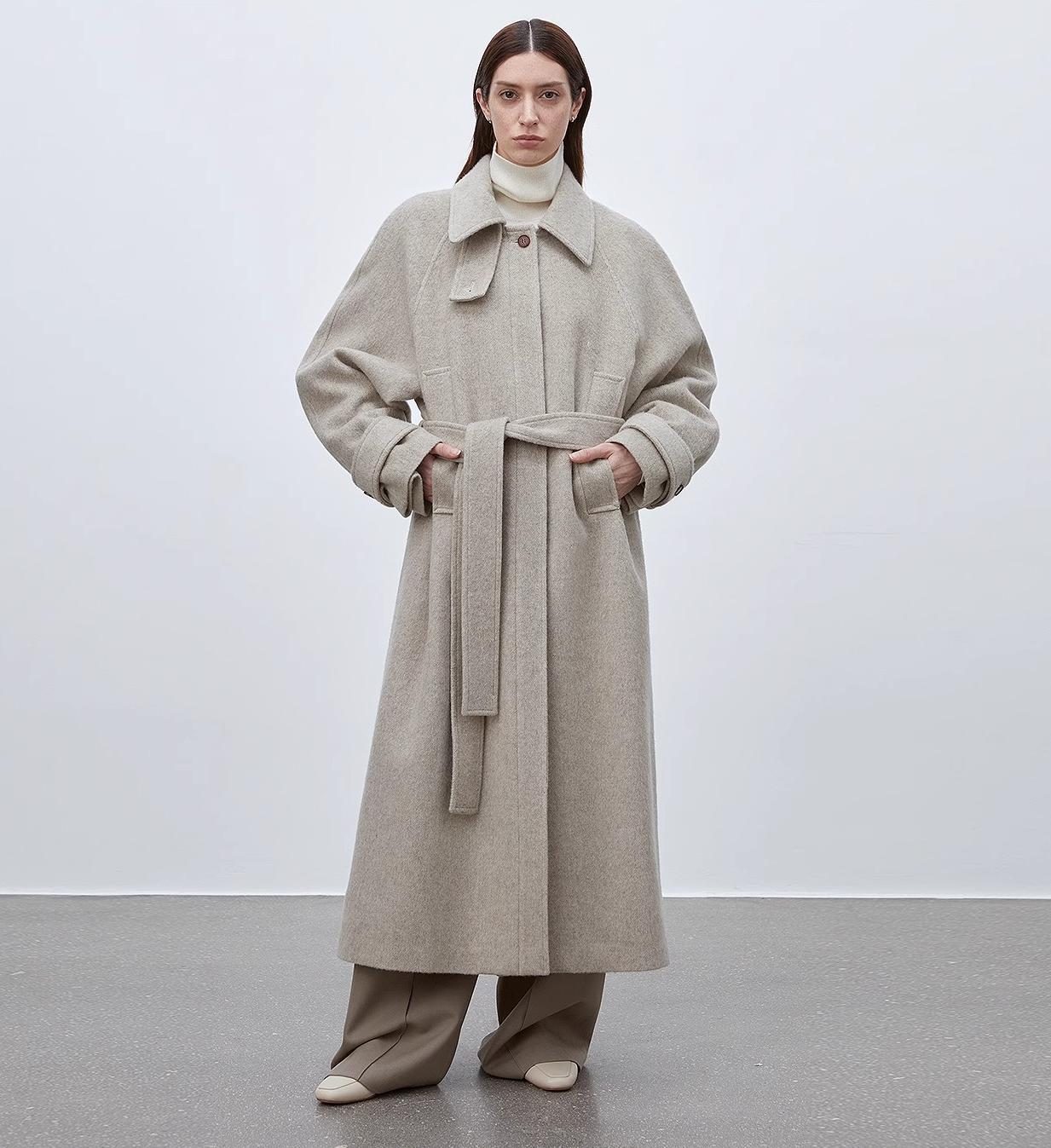 "Moonlit Veil"Straight-cut Raglan Sleeve Double-layer Collar Wool Coat for Women-0