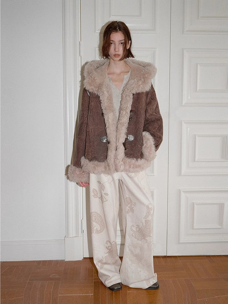 "Modern Weekend" Drop Shoulder Hooded Merino Wool Sheepskin Fur Coat Winter-4