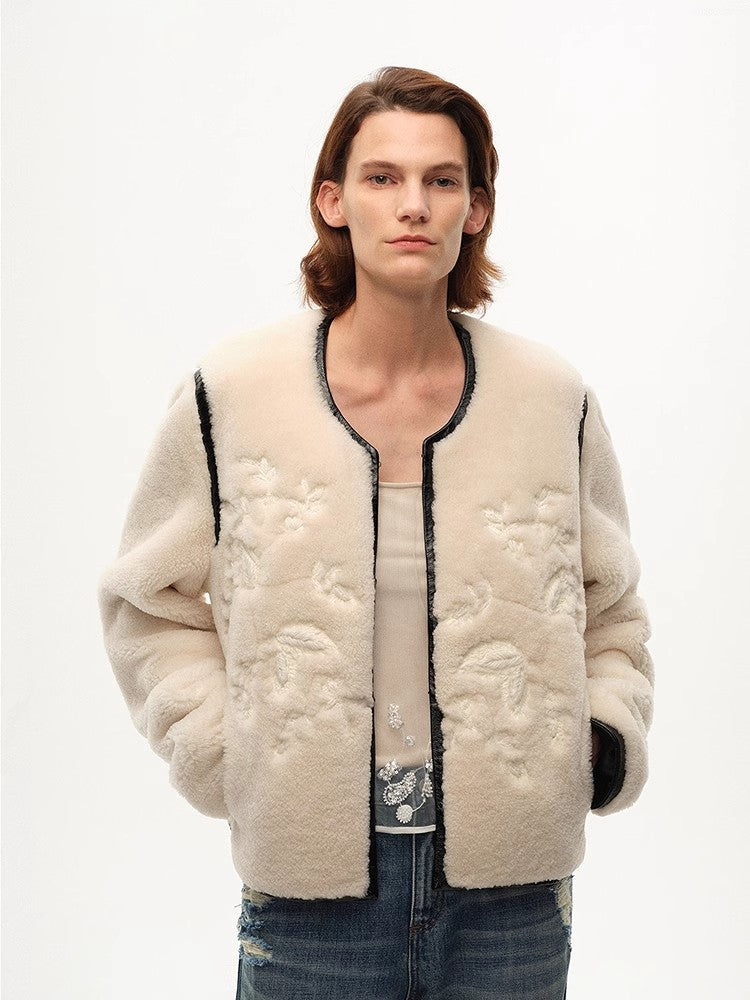 "FF×JW Muse Project" embroidered round neck short merino wool sheepskin fur coat-2