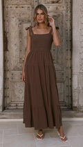 Chocolate Brown European Linen Smocked Tie Strap Maxi Dress (syncee)-0