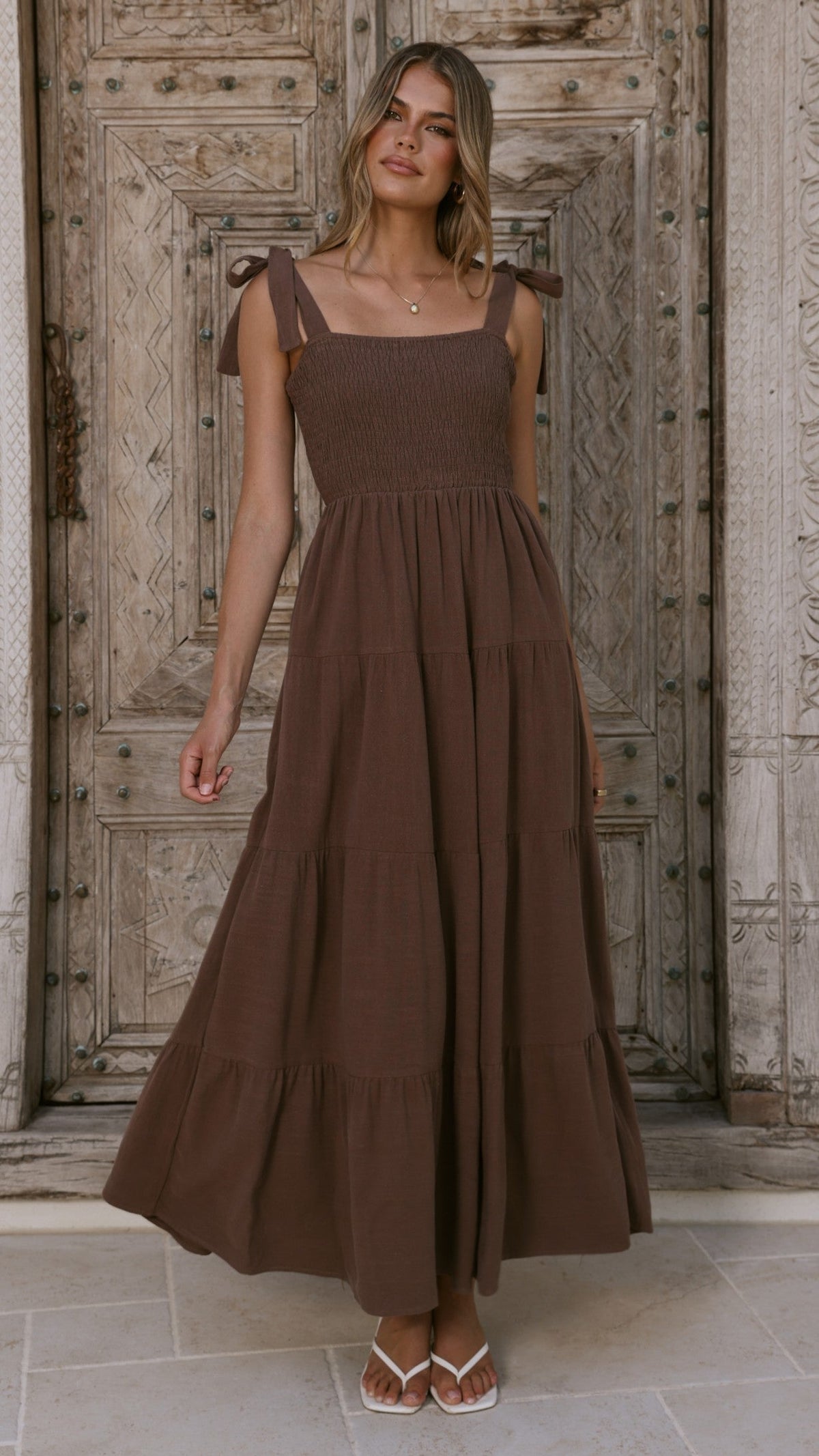 Chocolate Brown European Linen Smocked Tie Strap Maxi Dress (syncee)-2