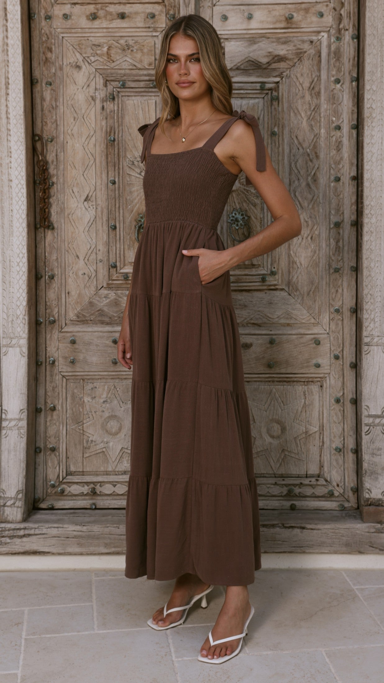 Chocolate Brown European Linen Smocked Tie Strap Maxi Dress (syncee)-3
