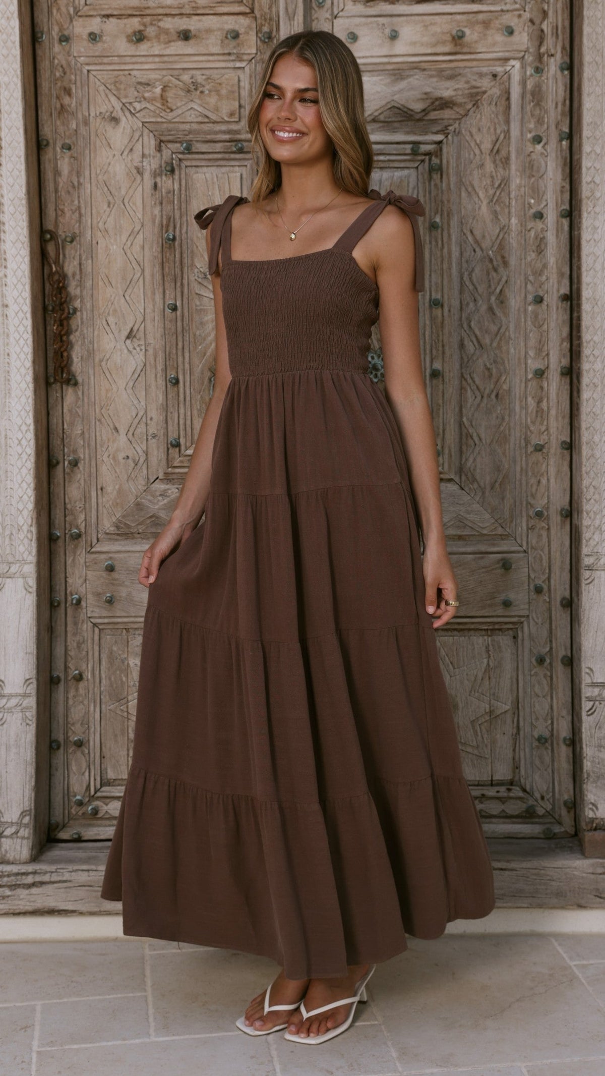 Chocolate Brown European Linen Smocked Tie Strap Maxi Dress (syncee)-4