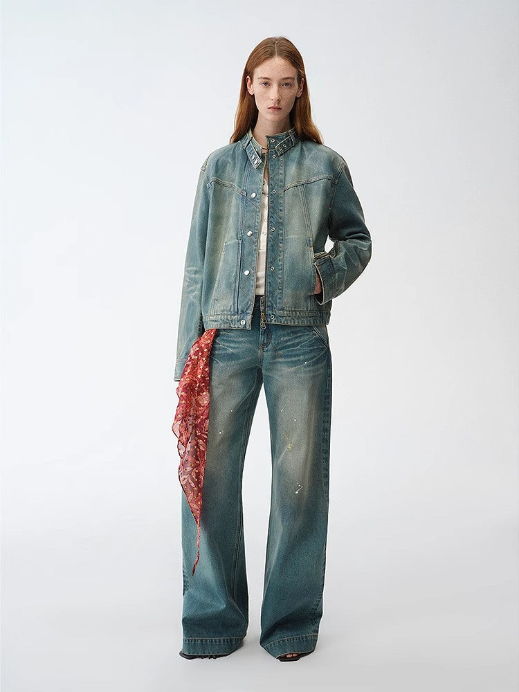 "Welsh" original leather coating process distressed motorcycle style stand collar short denim jacket-0