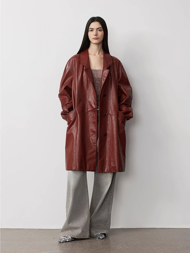 Sonorous Rose vintage imported oil waxed goatskin long trench coat-1