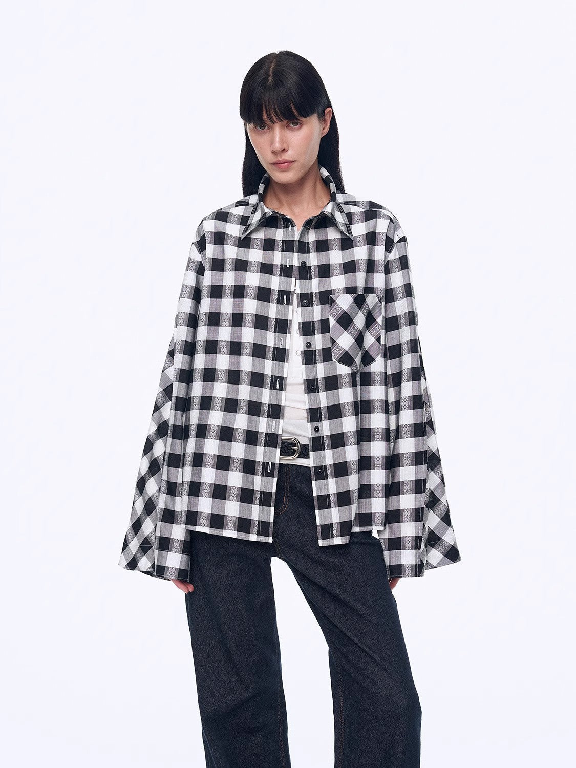 "Style Diary" Tencel acetate jacquard check dropped shoulder shirt-0