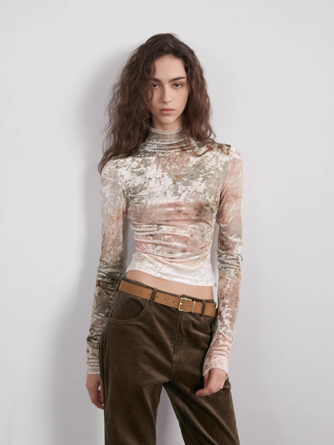 "Warm Sugar Latte" Smudge Print Velvet Long Sleeve Bottoming Shirt Women's Half Turtleneck T-shirt-1