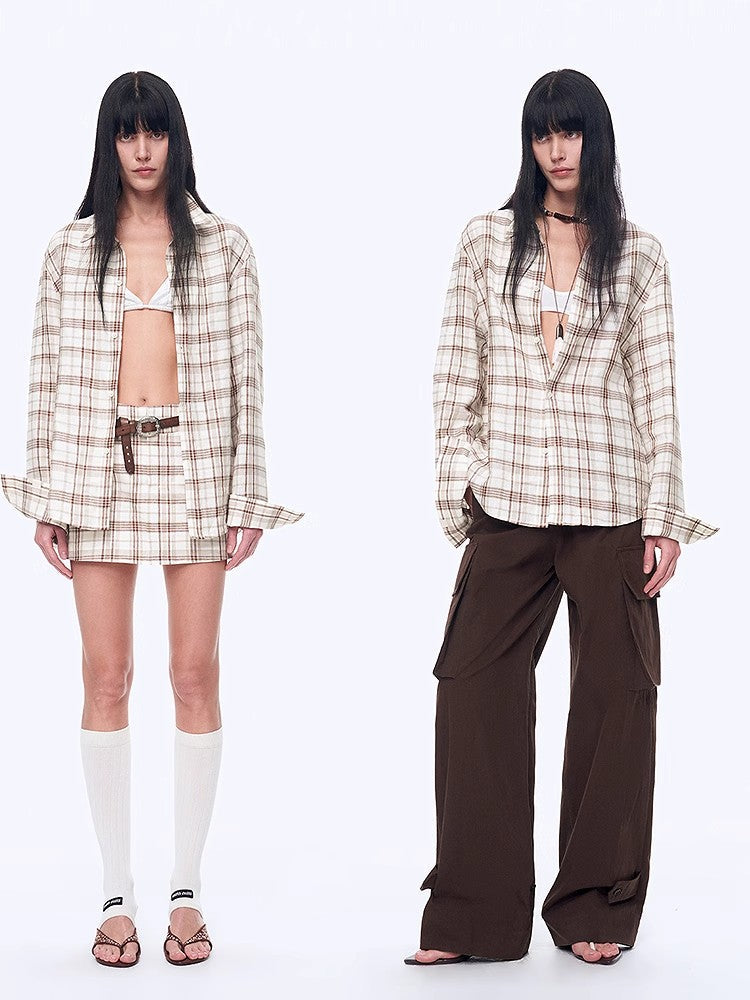 "Plaid Sketch" Vintage Linen Shirt Skirt Two-Piece Spring-1