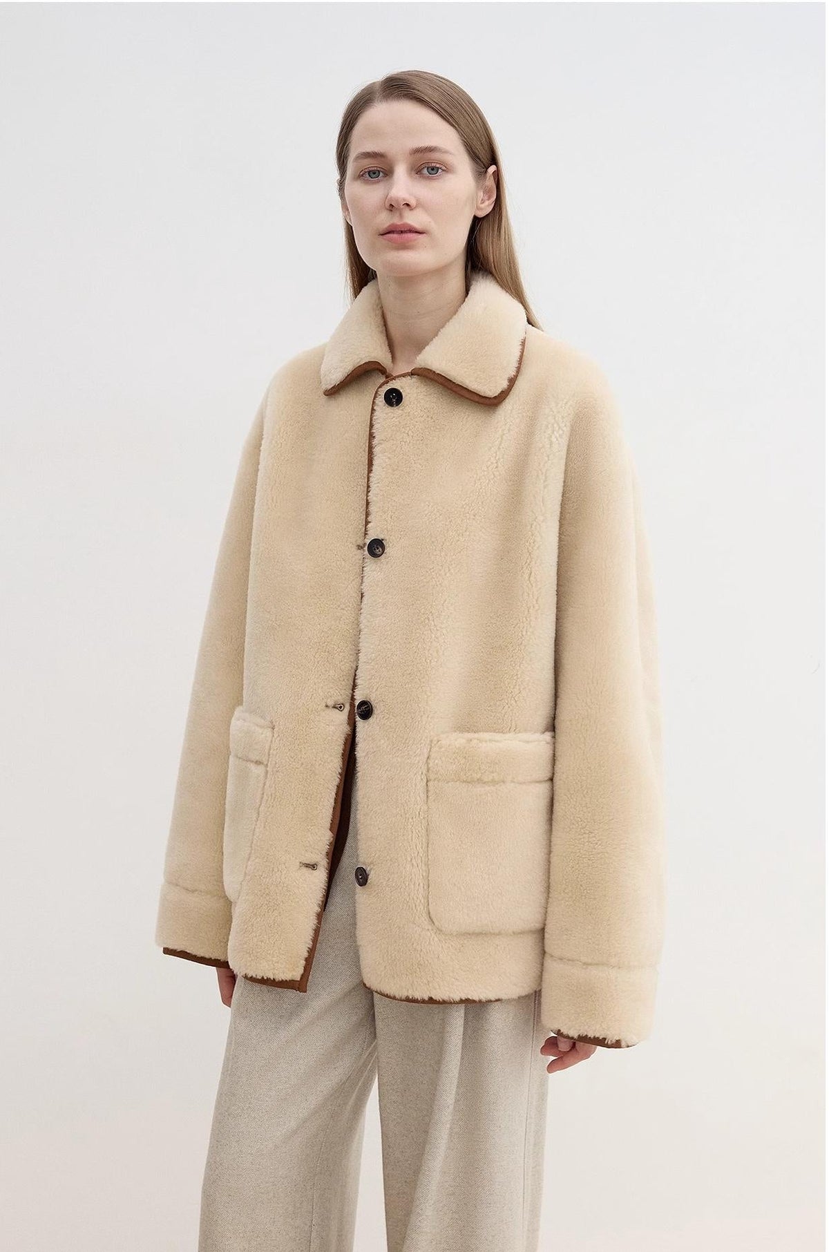 "Winter Concerto" Lapel Wool Artificial Compound Suede Vintage Contrast Colored Shearling Coat-4