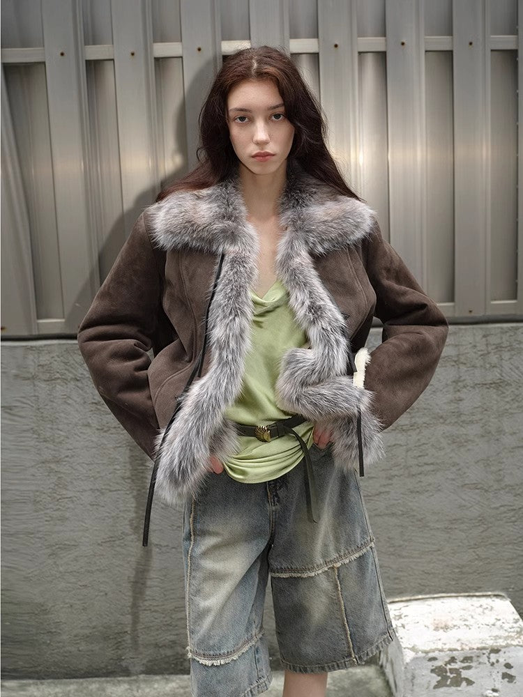Florence Retro Layered Spliced Fox Fur Collar Short Jacket Winter-1