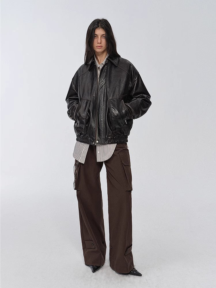 "New York International Student" Retro and fashionable imported waxed  leather bomber jacket-2