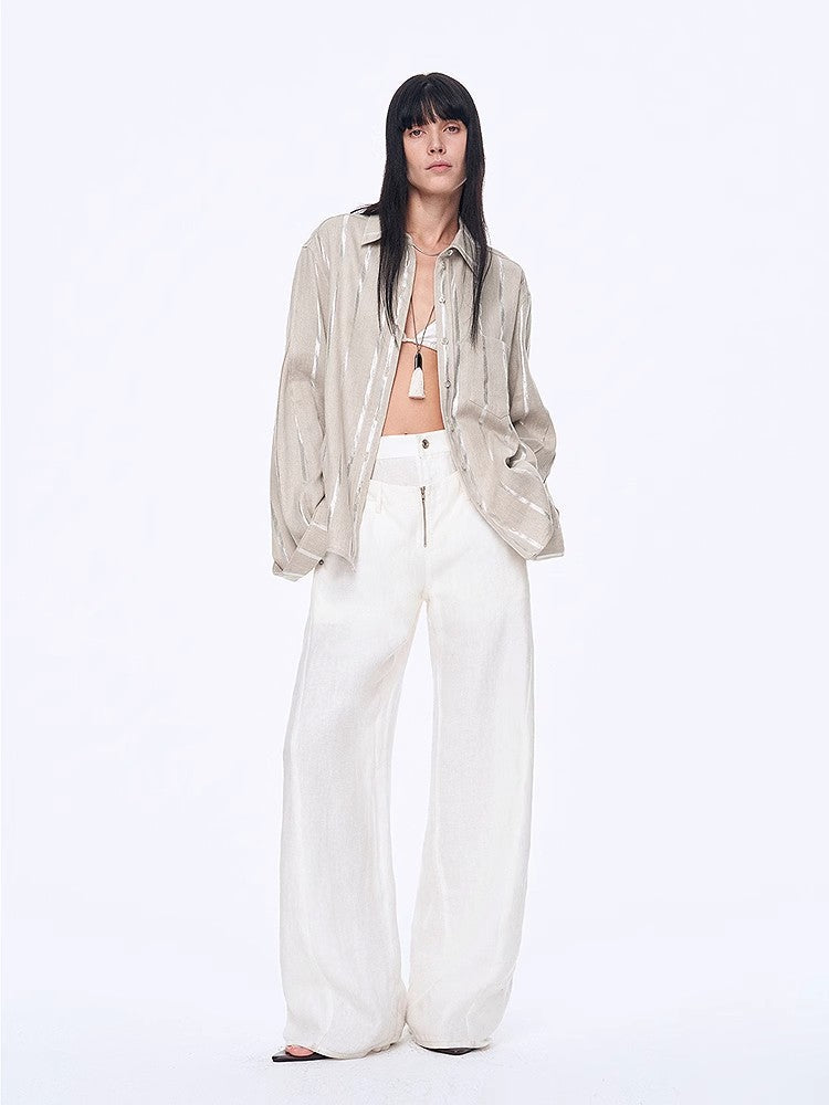 "Anonymous Letter" Silver Stripe Trumpet Sleeve Linen Cropped Shirt-1