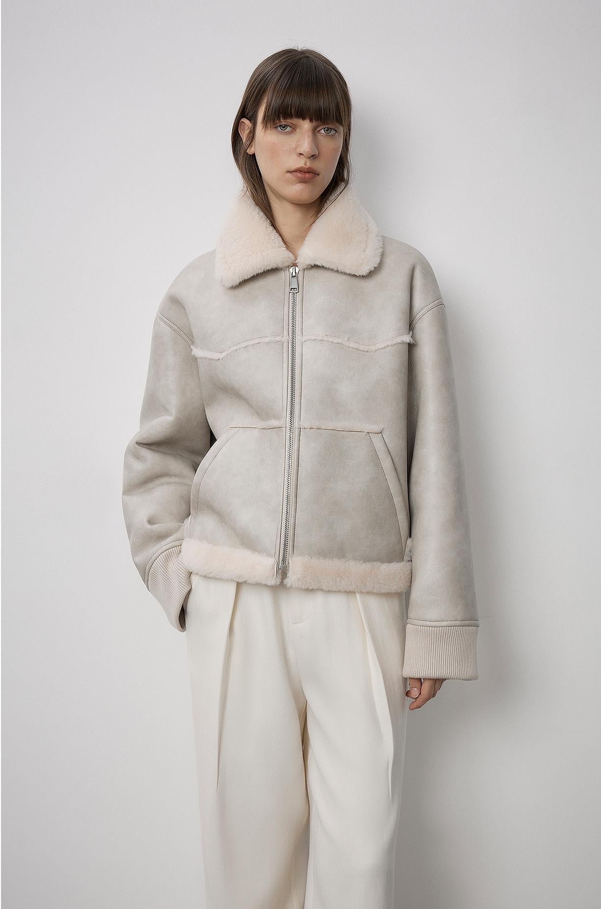 "Makino's Fun" Lapel Wool Artificial Compound Leather Short Style Shearling Jacket-2