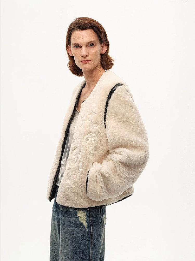 "FF×JW Muse Project" embroidered round neck short merino wool sheepskin fur coat-3