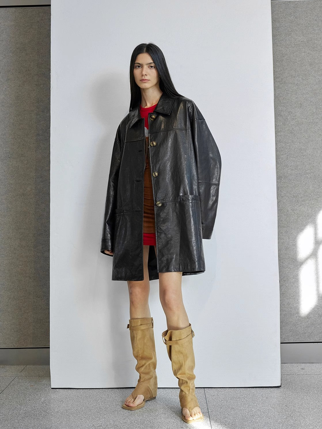 Notting Hill Diary Limited Edition Waxed Goat Leather/Retro Casual Lapel Mid-Length Leather Jacket-3