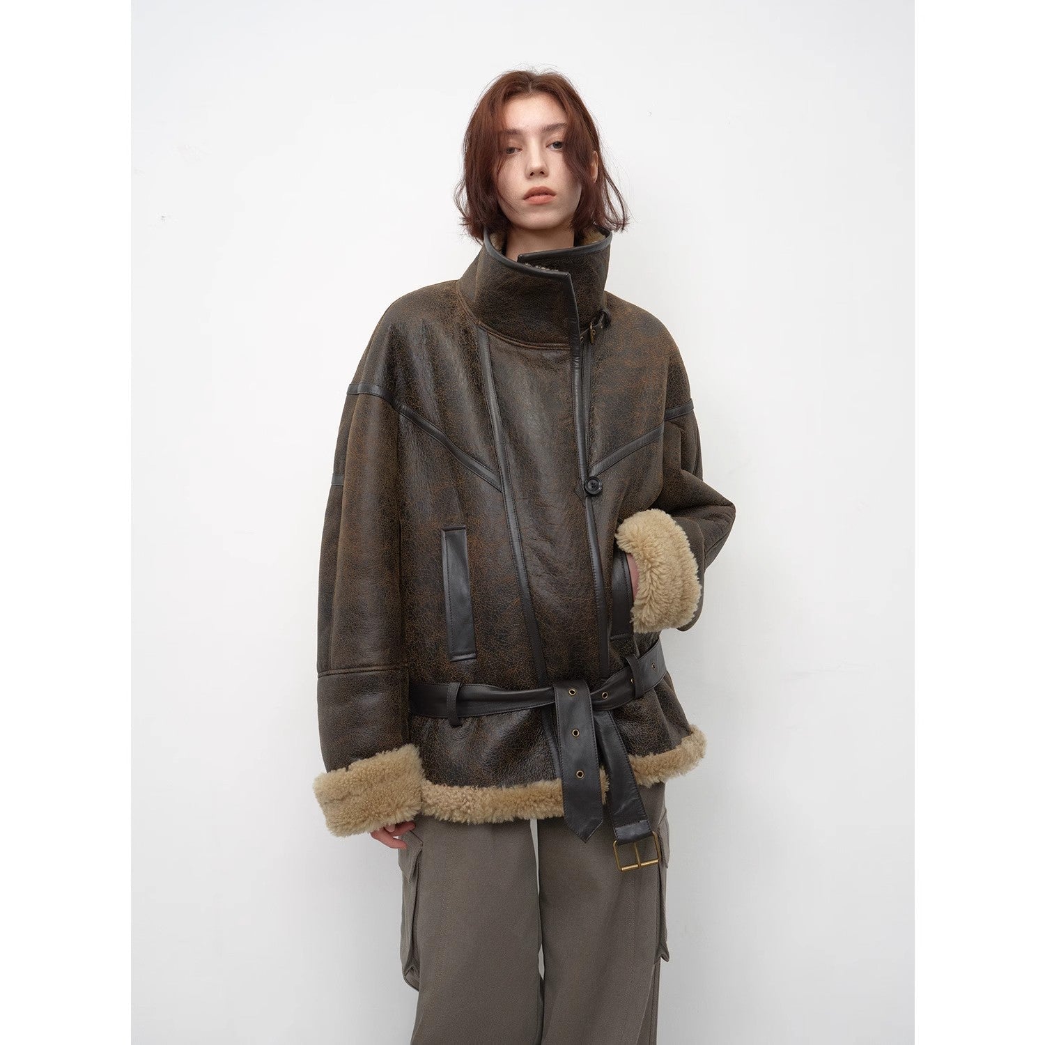 "London Street"Motorcycle Style Lapel Imported Merino Fur One-piece Fur Jacket Winter-3