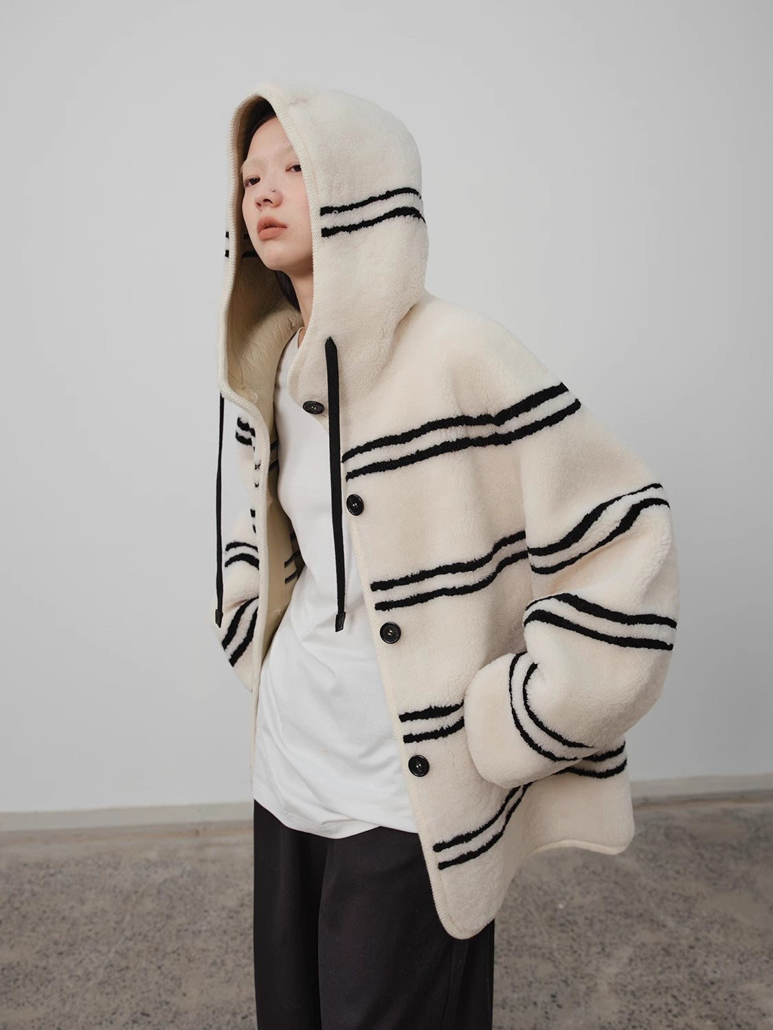 Snowy New Year Merino Sheepskin Lamb Wool Striped Jacket-2