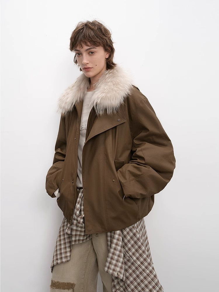 Cutting-edge Style, warm and detachable raccoon fur collar short silhouette down jacket-4