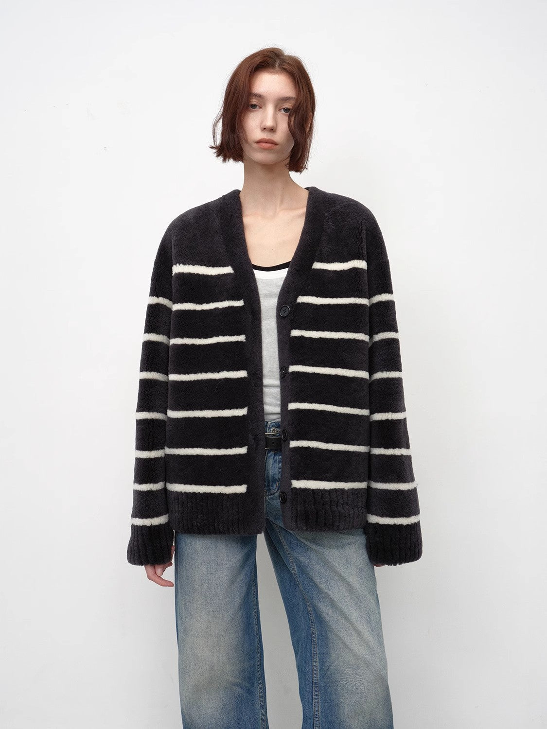 Vitality Girl Classic Simple Versatile Striped Splicing V-neck Drop Shoulder Merino Sheepskin Coat-3